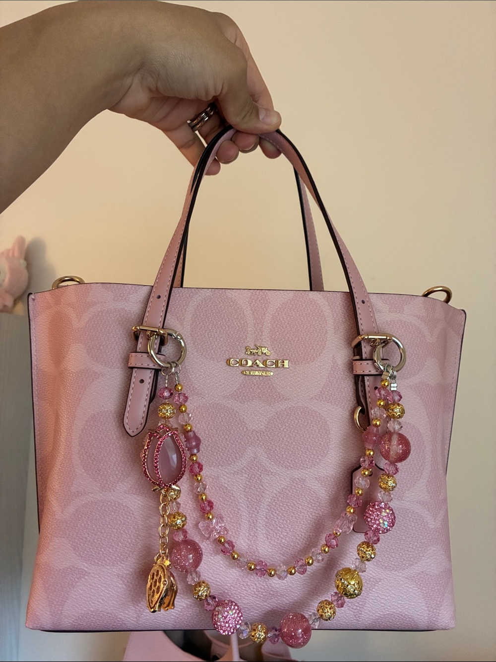Pink Crystal Tulips Charm Beaded Bag Chain